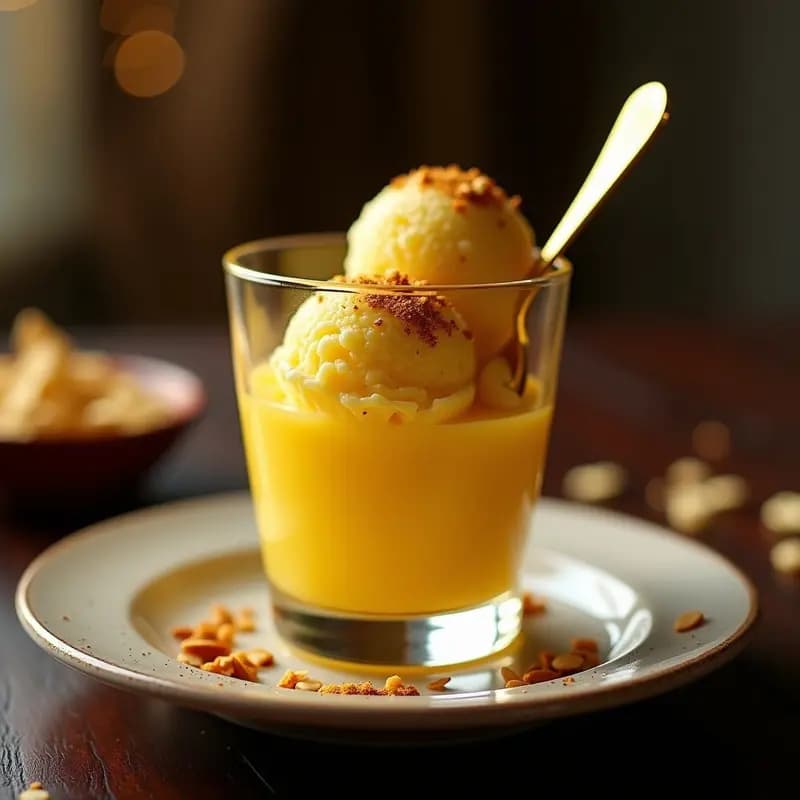 Helado de Azafrán y Pimienta Negra con Escamas de Oro Comestible: Postre Iraní Gourmet Sin Lactosa