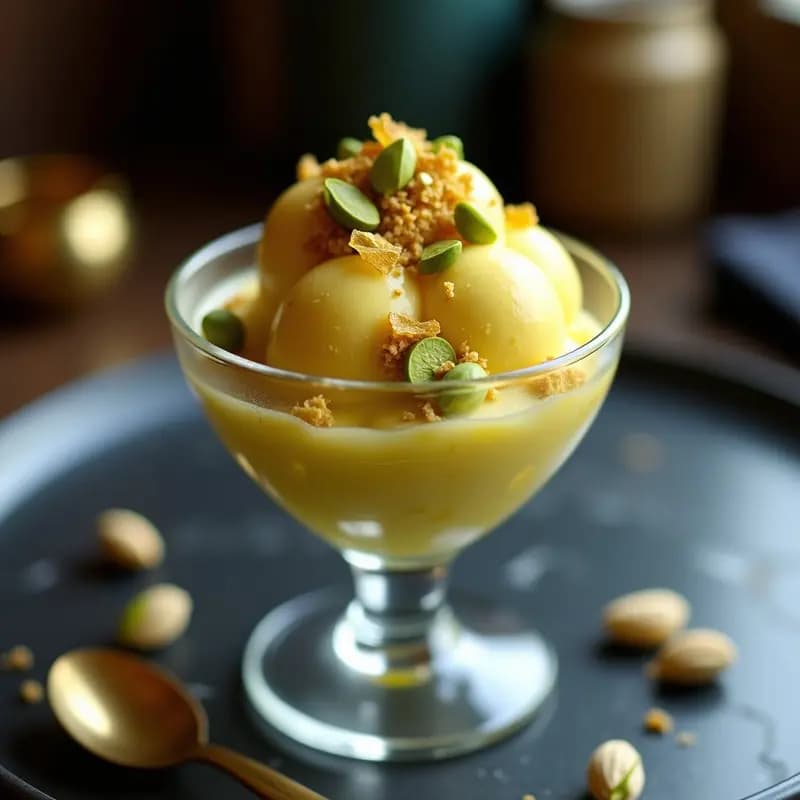 Helado de Azafrán y Pistacho con Virutas de Oro Comestible: Postre Persa de Lujo Keto