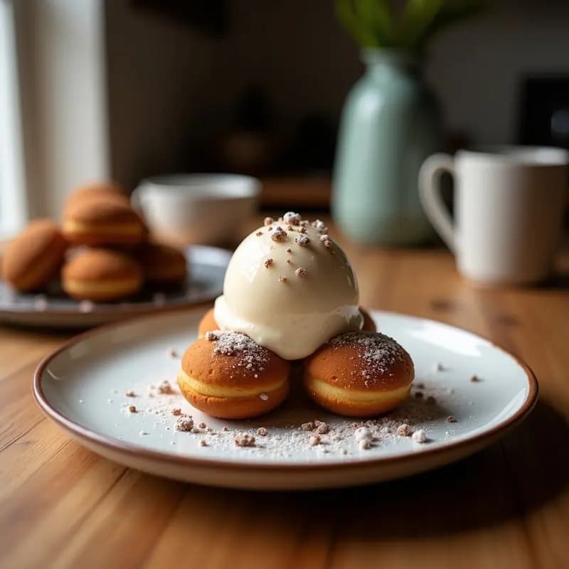 Helado de Café con Trozos de Buñuelos de Cacao: Postre Colombiano Fusion Frío-Caliente
