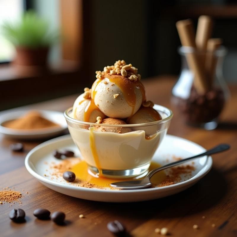 Helado de Café y Canela con Topping de Cacahuete: Postre Vegano Sin Lactosa