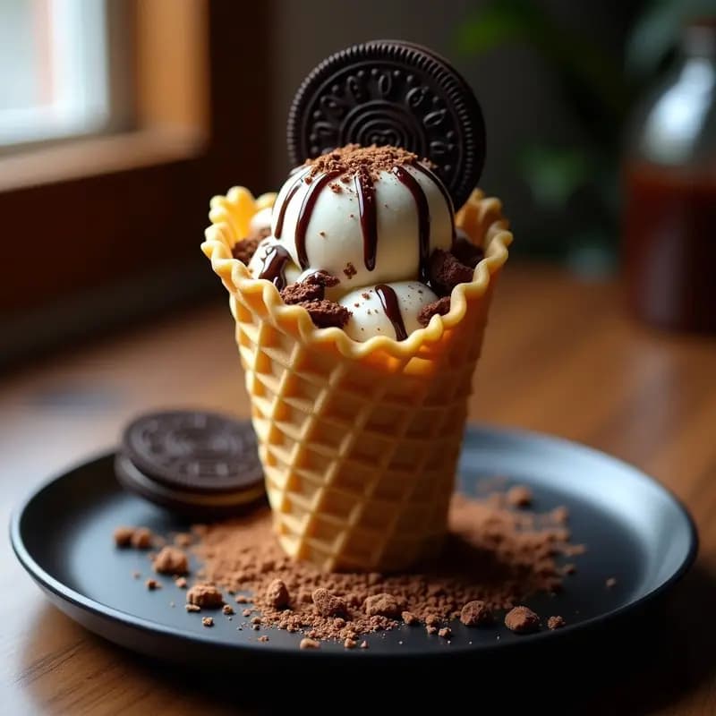 Helado de Café y Galletas Oreo en Cono de Gofre: Postre Gary Indiana para Amantes del Café