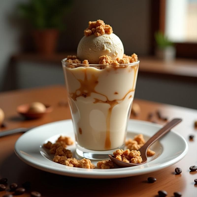 Helado de Café y Extracto de vainilla con Crujiente de Cacahuete: Postre Sin Lactosa y Alta en Proteína
