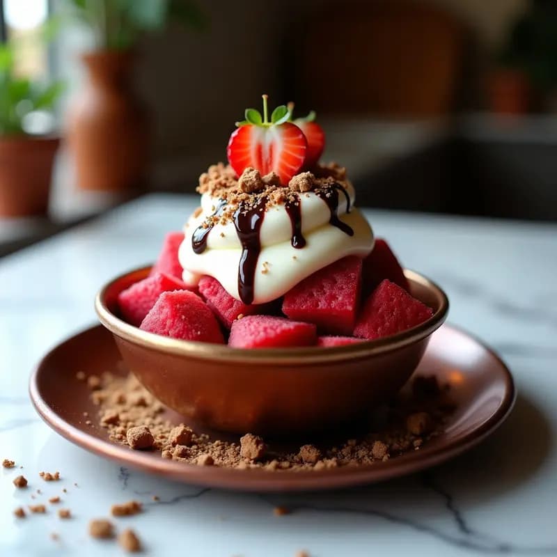 Helado de Cake de Red Velvet con Toppings de Queso Crema y Fresas: Un Postre de Ensueño