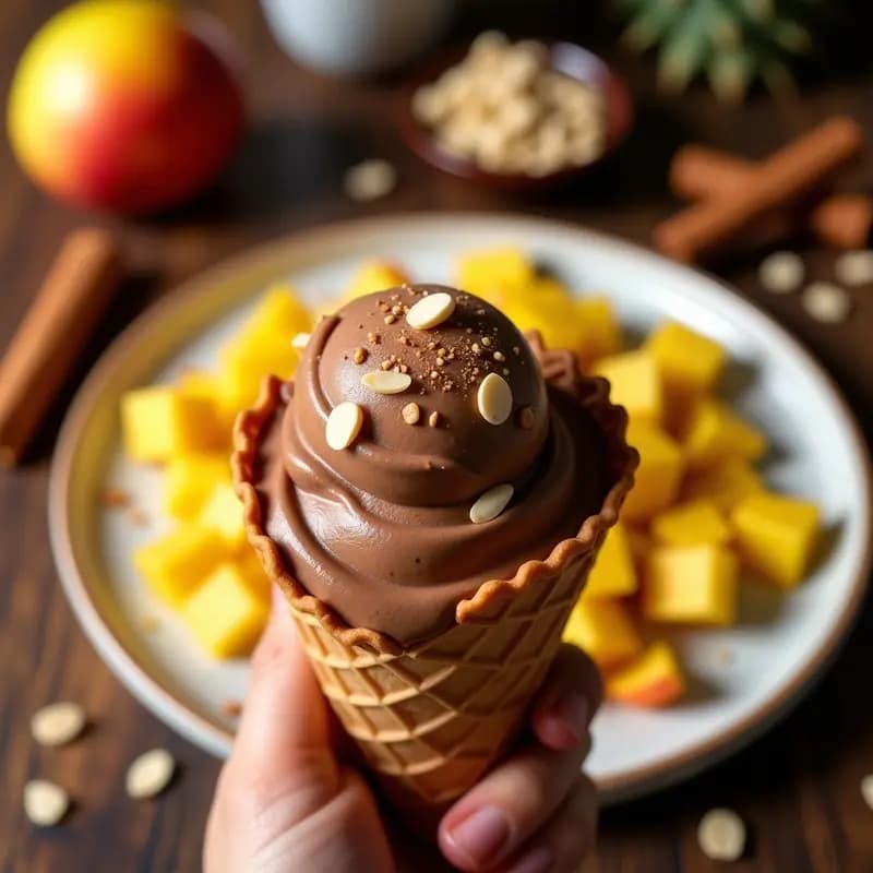 Helado de Caoba y Canela: Postre Colombiano Sin Lácteos con Frutas Tropicales
