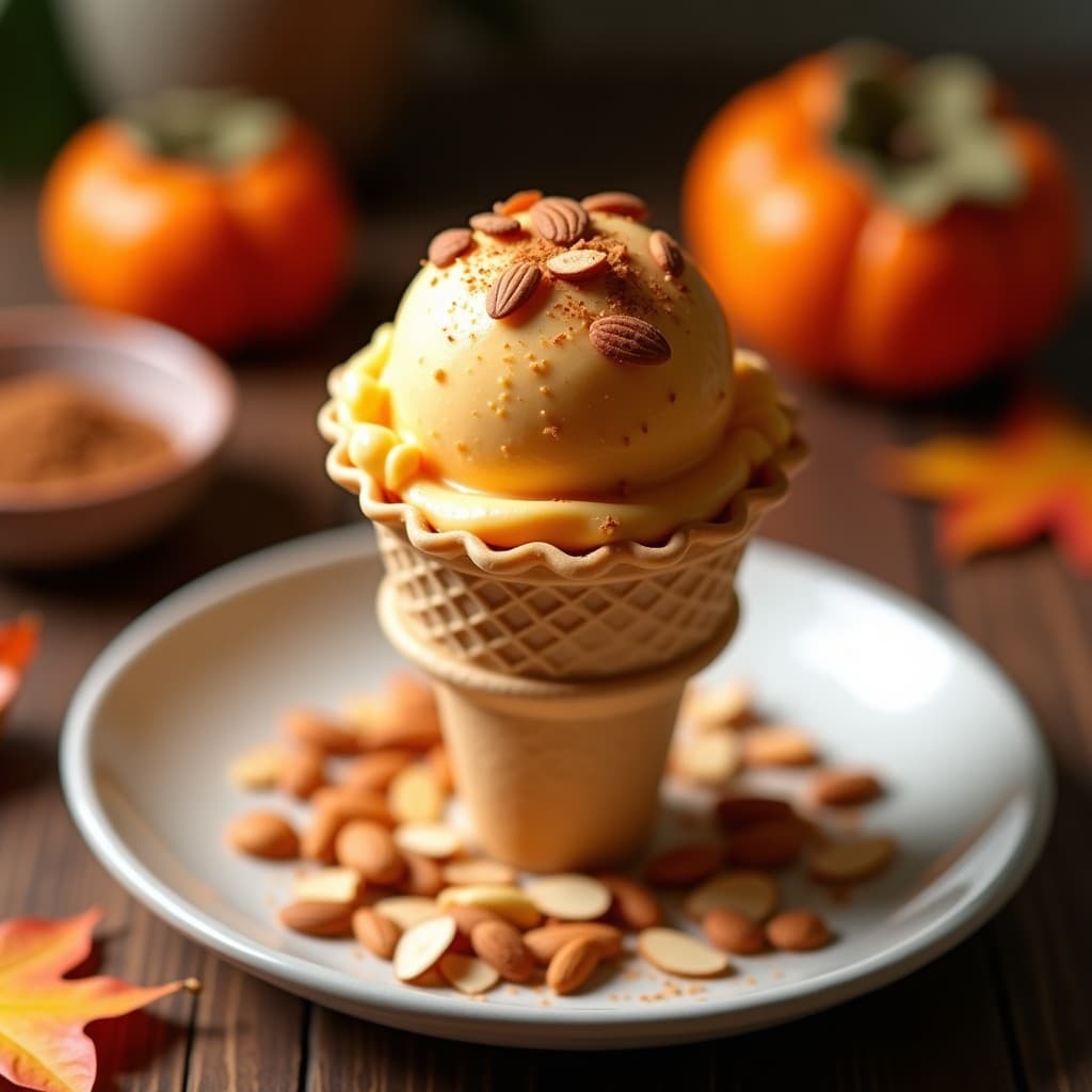 Helado de Caqui Persimon y Canela con Trozos de Almendra: Postre Otoñal sin lácteos