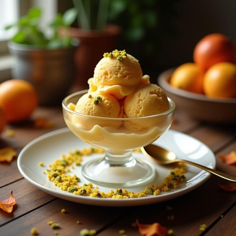 Helado de Caqui Persimon y Vainilla con Crujiente de Pistacho: Postre de Temporada Sin Lácteos