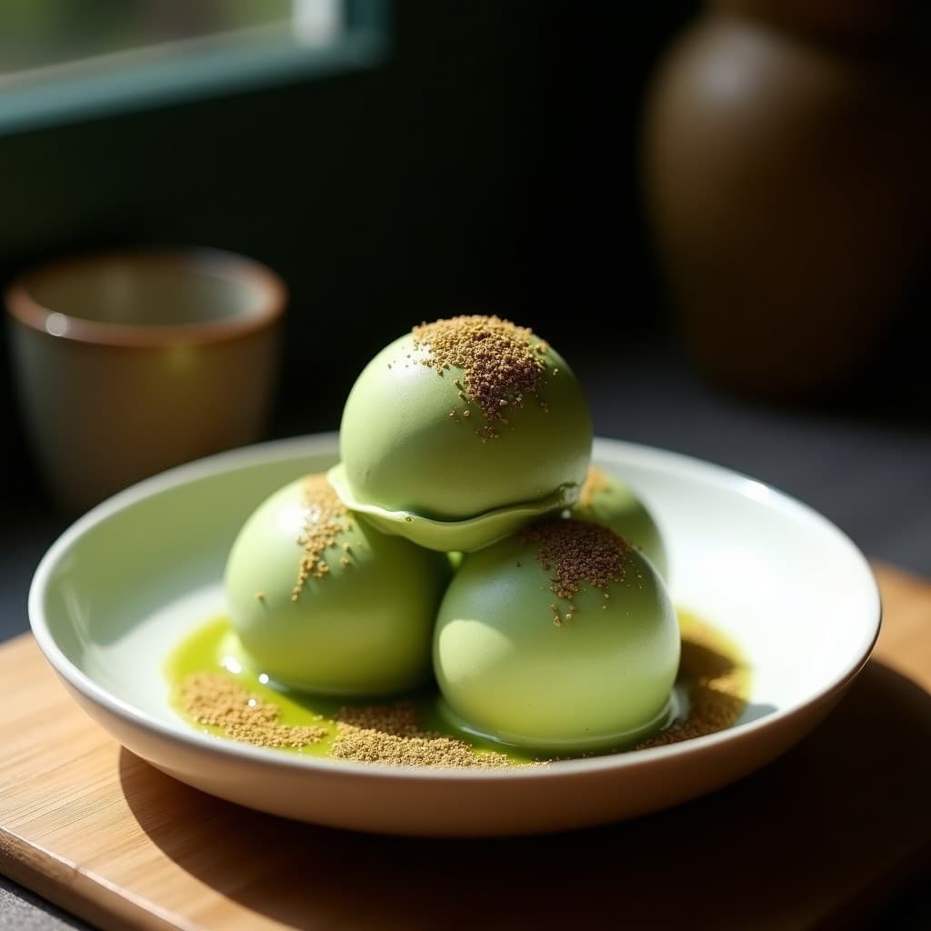 Helado de Ceremonia del Té con Polvo de Oro Comestible: Postre Japonés de Lujo Sin Azúcar