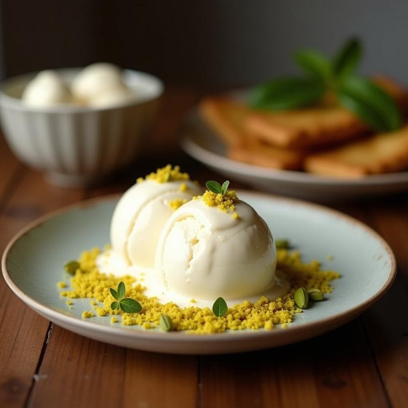 Helado de Yogur de Coco y Cardamomo con Crujiente de Pistacho: Postre Indio Vegano