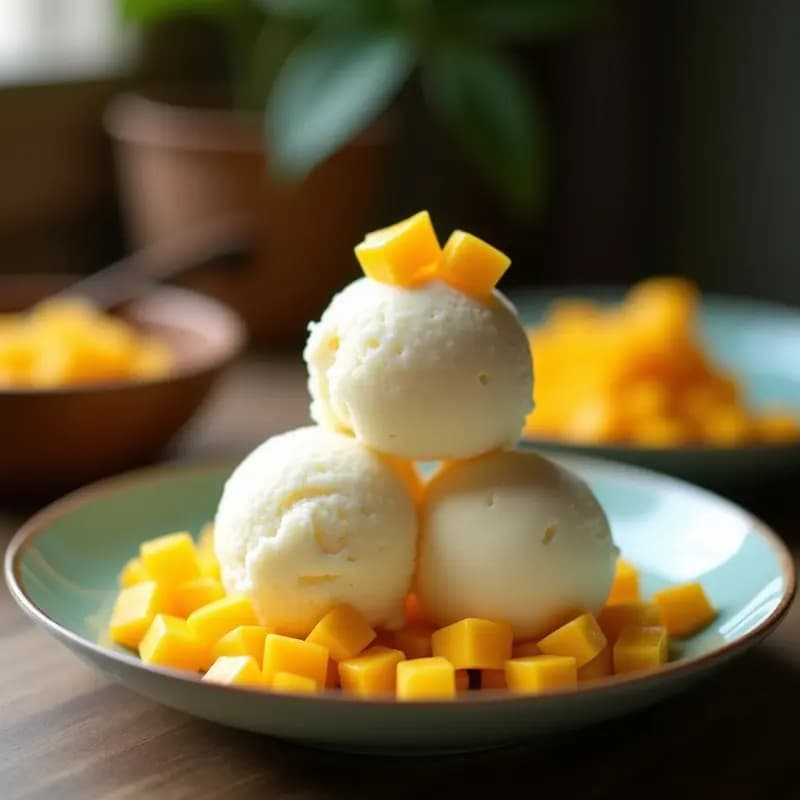 Helado de Coco y Lemongrass con trozos de Mango Liofilizado: Postre Tailandés que Refresca al Instante