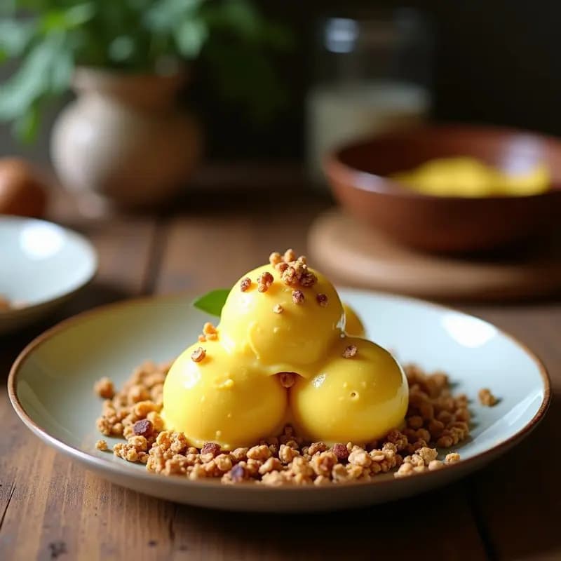 Helado de Cocos y Cúrcuma con Granola de Almendras: Postre Indonesio Vegano y Antiinflamatorio