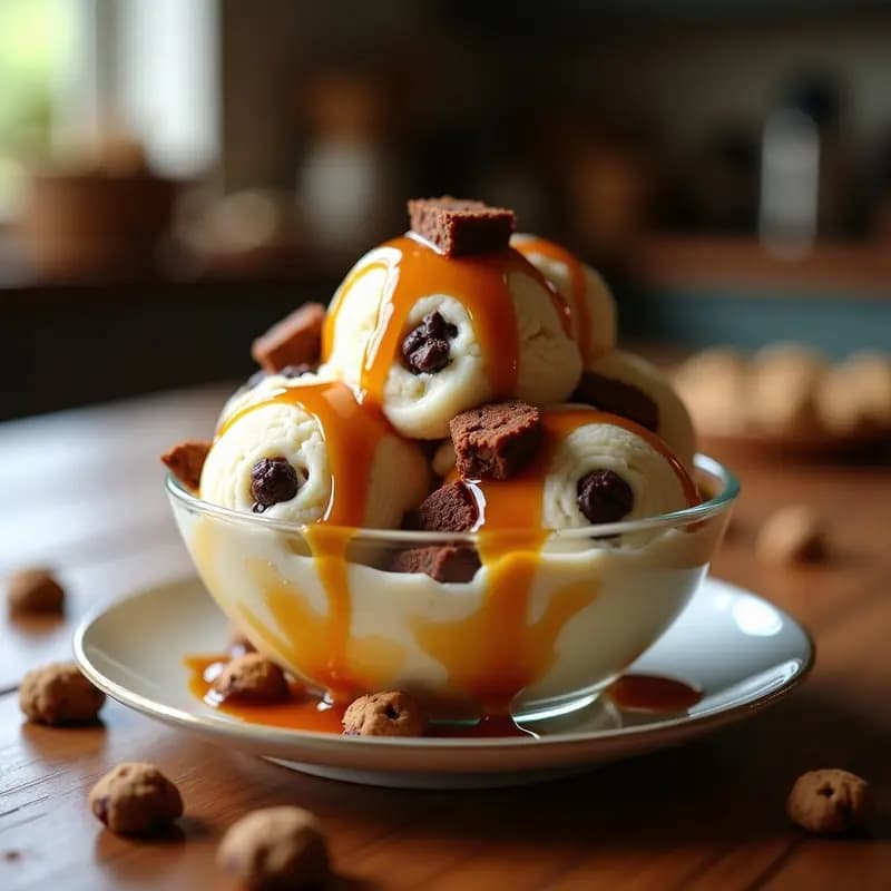 Helado de Cookie Dough con Trozos de Brownie y Salsa de Caramelo Salado: Postre de Ensueño