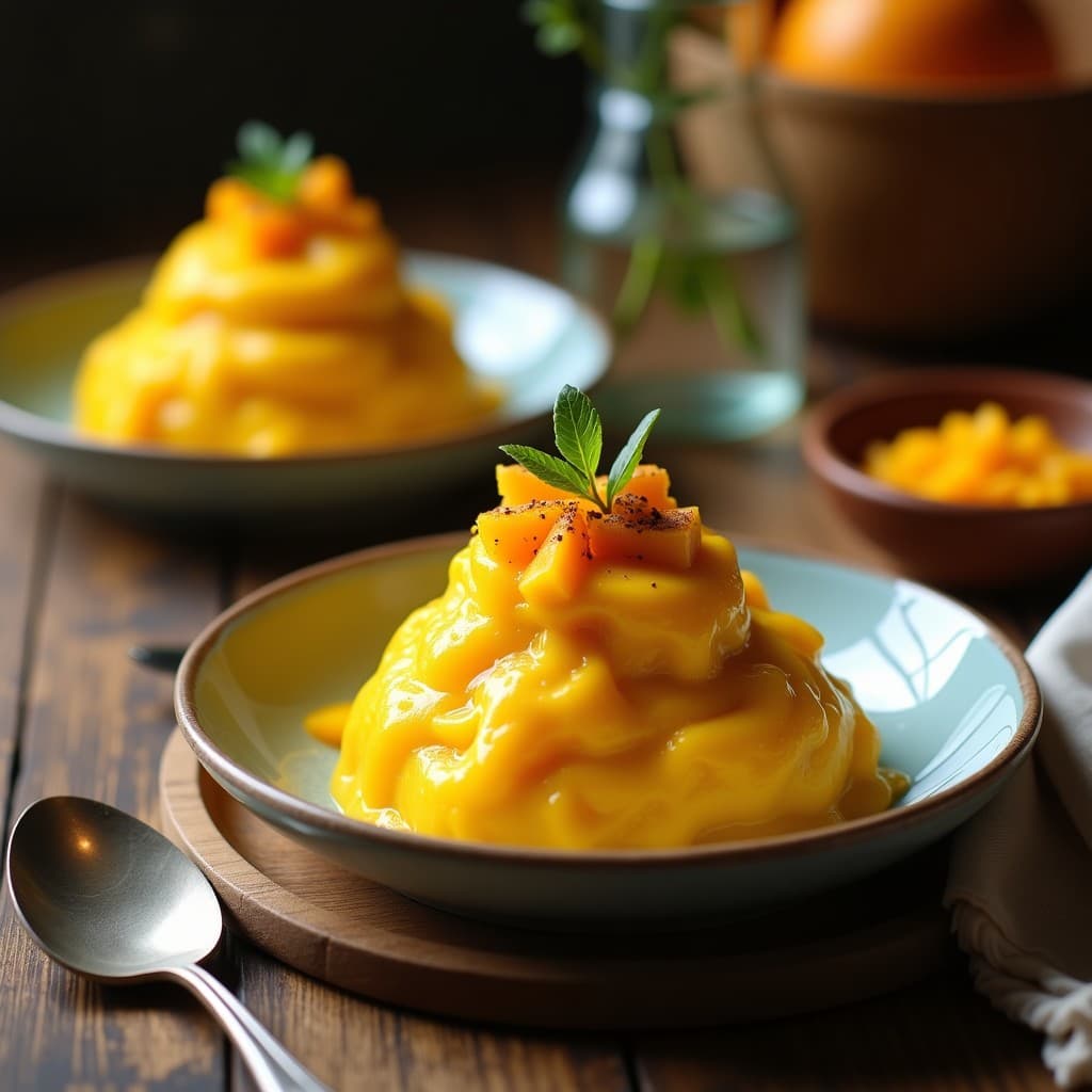 Helado de Cúrcuma y Coco con Toppings de Mango Seco: Postre Ayurvédico Vegano