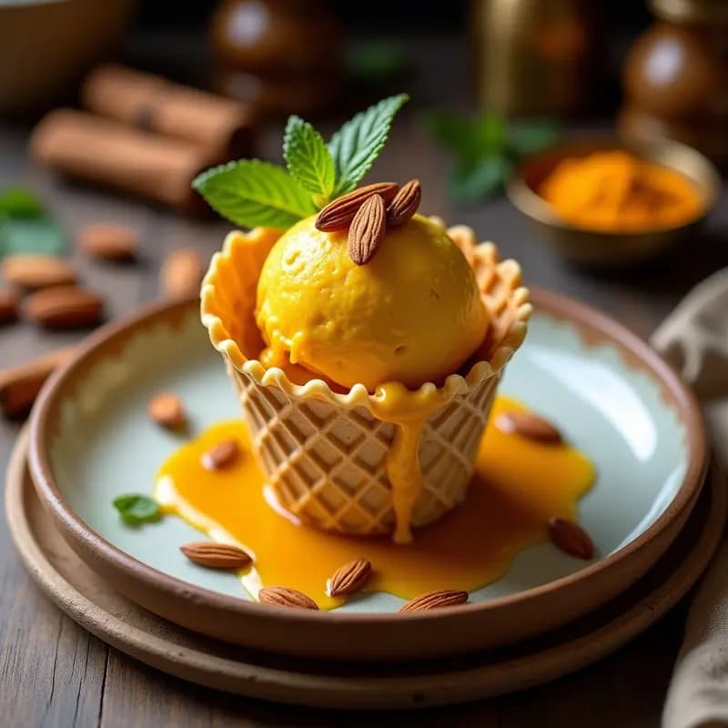 Helado de Cúrcuma y Jengibre con Caramelo de Dátiles: Postre Indio Antinflamatorio