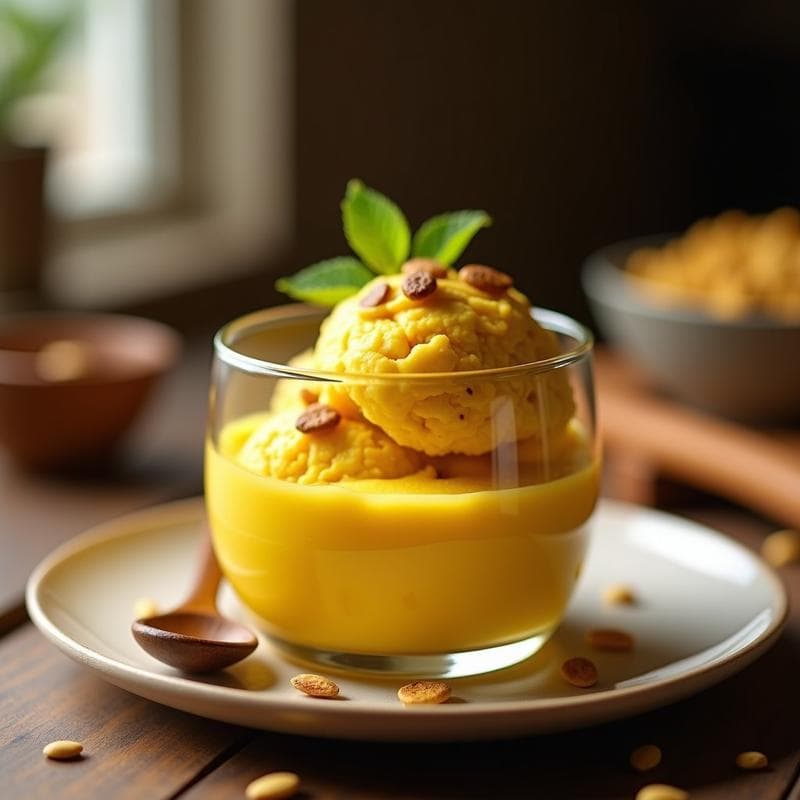 Helado de Cúrcuma y Leche de Avena con Crujiente de Pepitas: Postre Ayurvédico Sin Lácteos