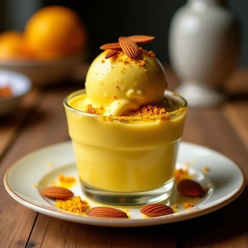 Helado de Cúrcuma y Pimarrosa con Crujiente de Mandorla: Postre Indio Sin Lácteos en 3 Ingredientes