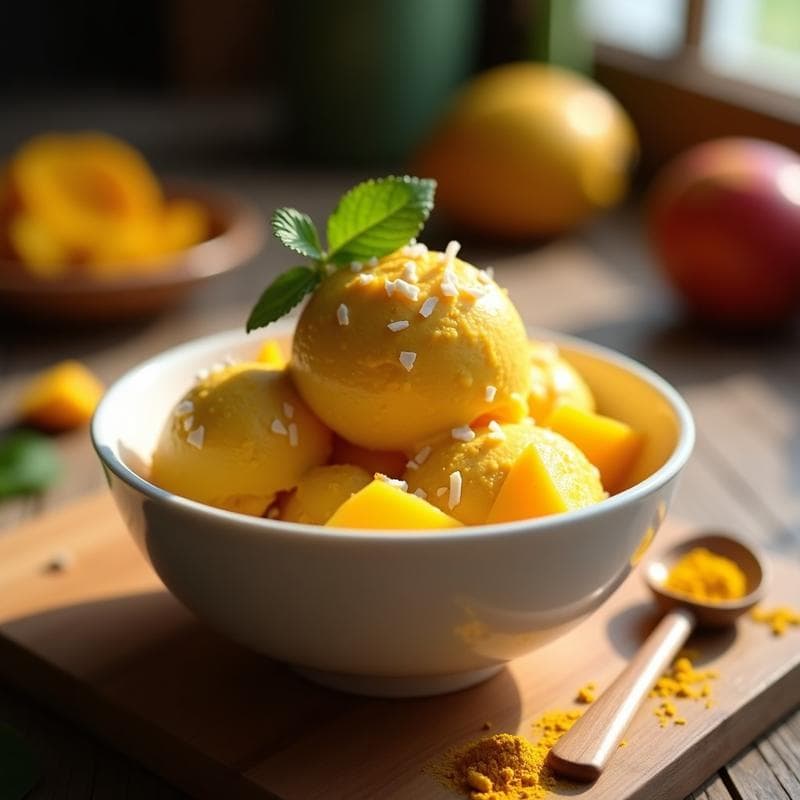 Helado de Cúrcuma y Pimienta Negra con Trozos de Mango: Postre Ayurvédico Sin Lácteos