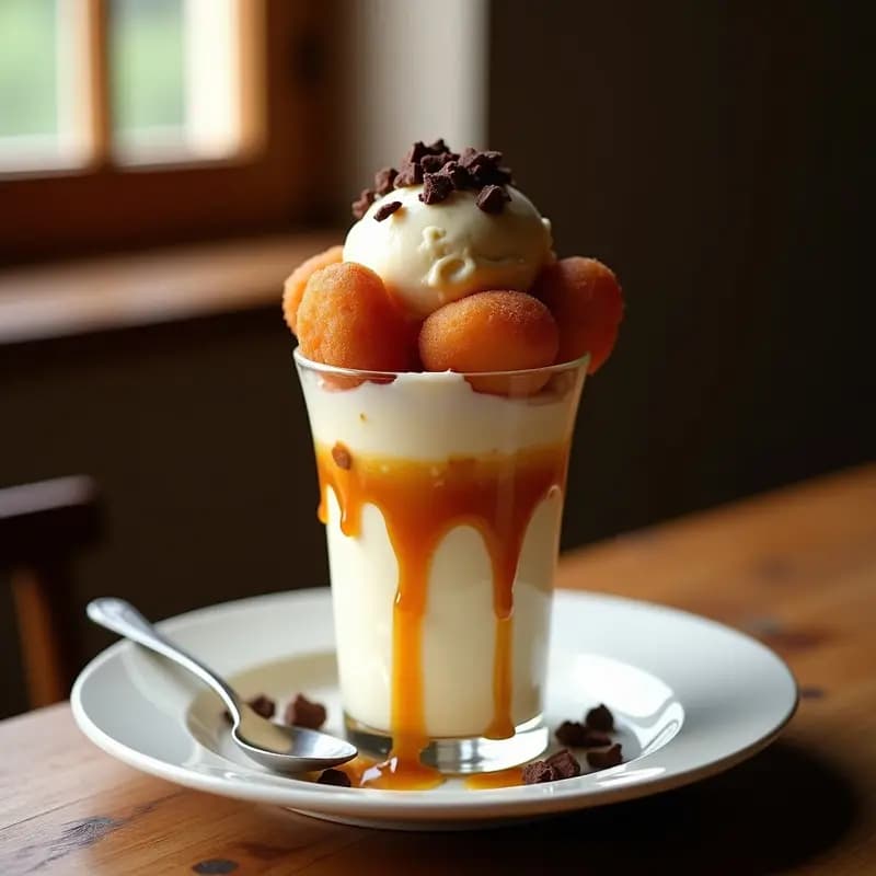 Helado de Donuts Fritos con Salsa de Caramelo y Trozos de Chocolate: Postre que Engancha
