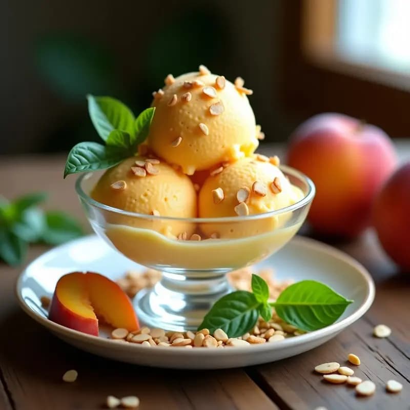 Helado de Durazno y Albahaca con Crujiente de Almendra: Postre Italiano Refrescante