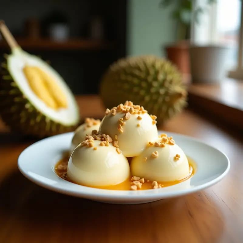 Helado de Durian y Coco: Postre Malayasia Sin Azúcar con Toppings de Cacahuete