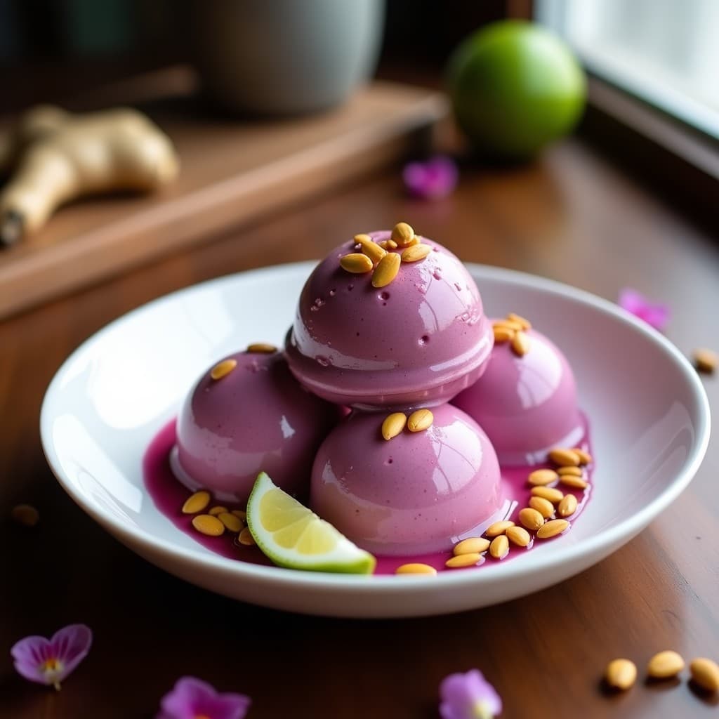 Helado de Flores de Jamaica y Jengibre con Crujiente de Semillas de Calabaza: Postre Mexicano Vegano