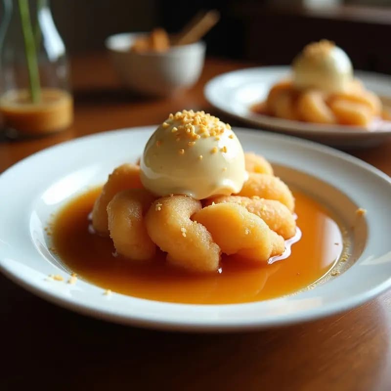 Helado Fried con Capas de Canela y Azúcar Morena, Acompañado de Sirope de Caramelo: Postre Crujiente y Frío