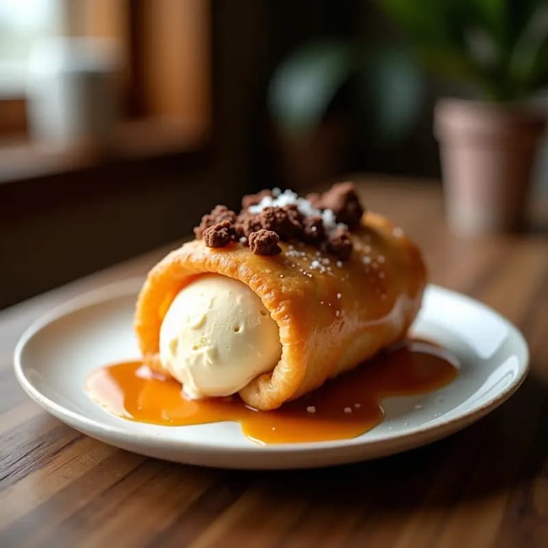 Helado Frito con Toppings de Brownie, Crema de Cacahuete y Caramelo Salado: Postre de Justa Fera