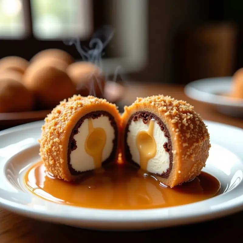 Helado Frito con Relleno de Brownie y Salsa de Leche Condensada: Postre Crujiente que Derrite el Corazón