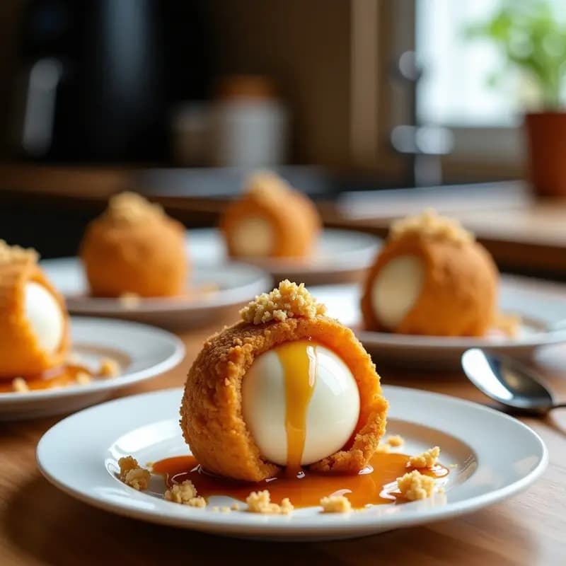 Helado Frito con Topping de Caramelo y Galletas Trituradas: Postre Crujiente y Caliente en Airfryer