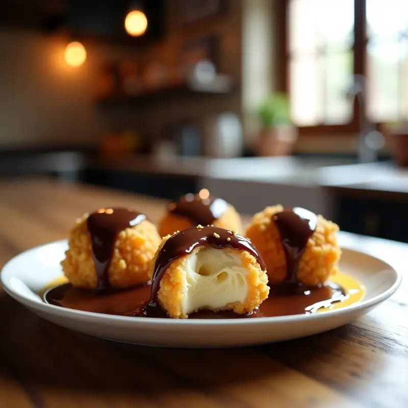 Helado Frito con Rebozado de Cereales y Salsa de Chocolate Caliente: Postre Caliente y Frío en Cada Bocado