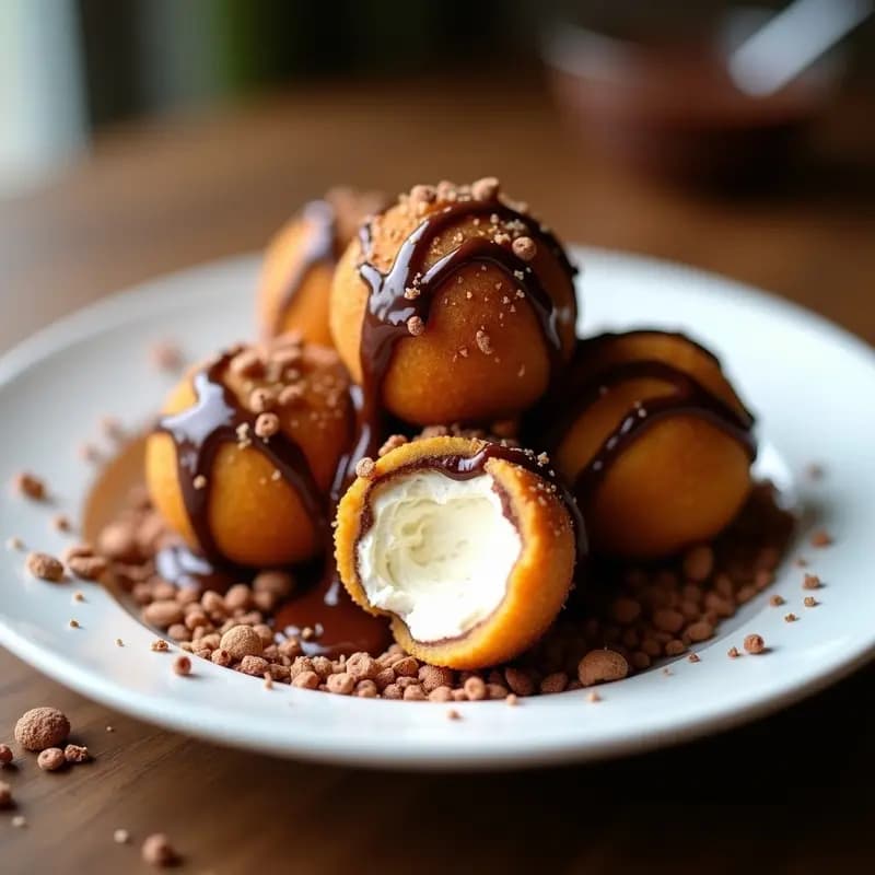 Helado Frito con Rebozado de Cereales y Sirope de Chocolate Caliente: Postre Callejero que Sorprenderá a Todos