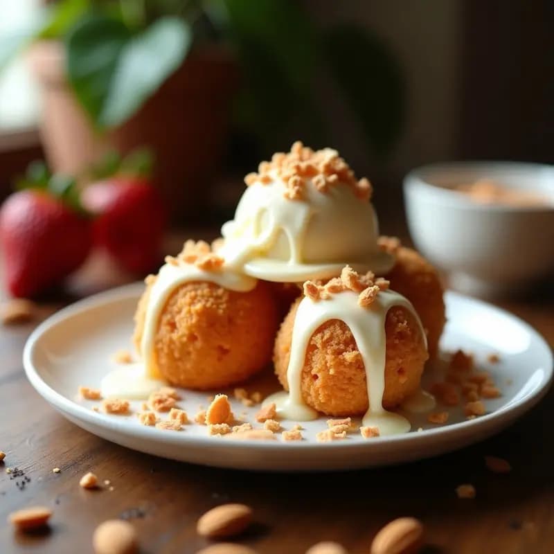Helado Frito con Cobertura de Chocolate Blanco y Sirope de Fresa: Postre de Feria en Casa