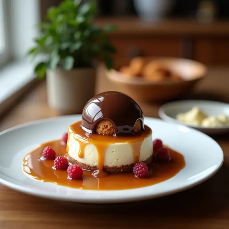 Helado Frito con Cobertura de Chocolate, New York Cheesecake y Salsa de Caramelo Salado