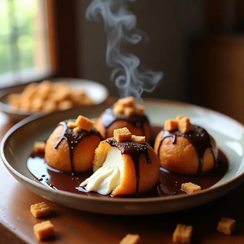 Helado Frito con Masa de Churros, Relleno de Helado de Vainilla y Salsa de Chocolate Caliente con Churros en Trozos