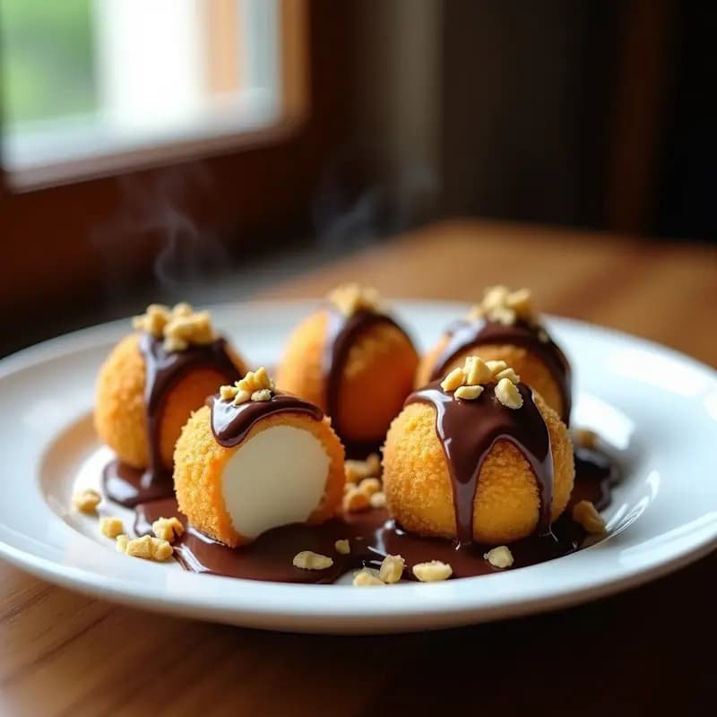 Helado Frito con Cobertura de Chocolate Caliente y Virutas de Nuez: Postre de Feria Casero