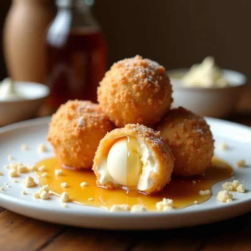 Helado Frito con Rebozado de Galletas Tostadas, Helado de Vainilla y Sirope de Arce