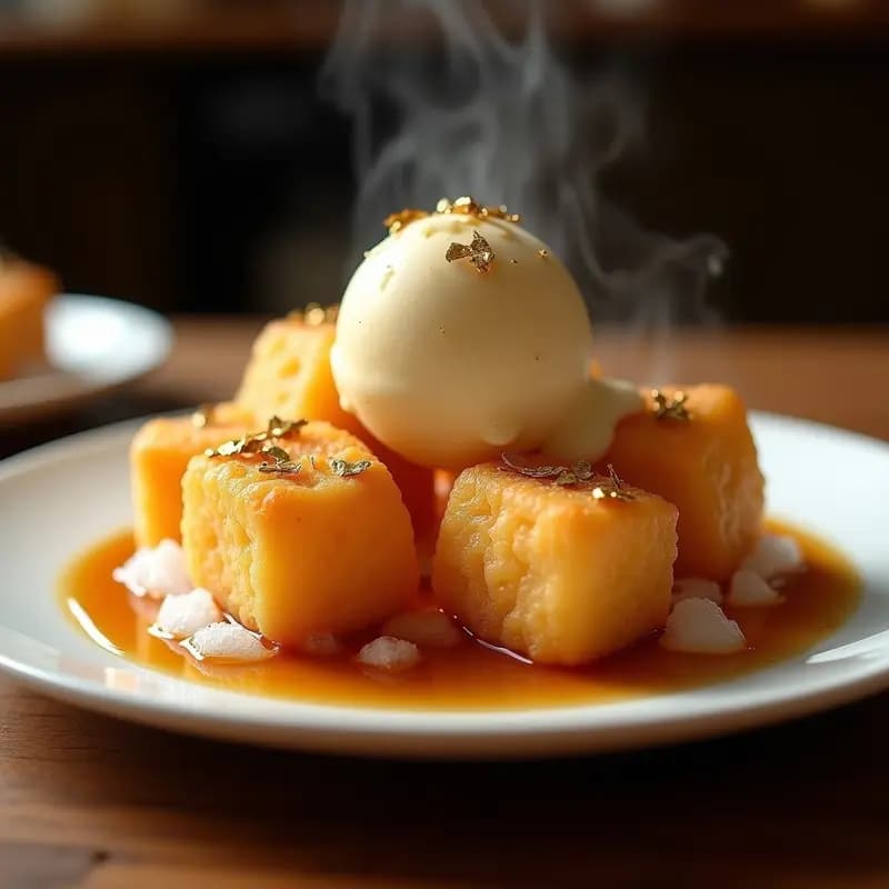 Helado Frito en Tempura con Salsa de Caramelo y Virutas de Oro Comestible: Postre de Lujo Crujiente