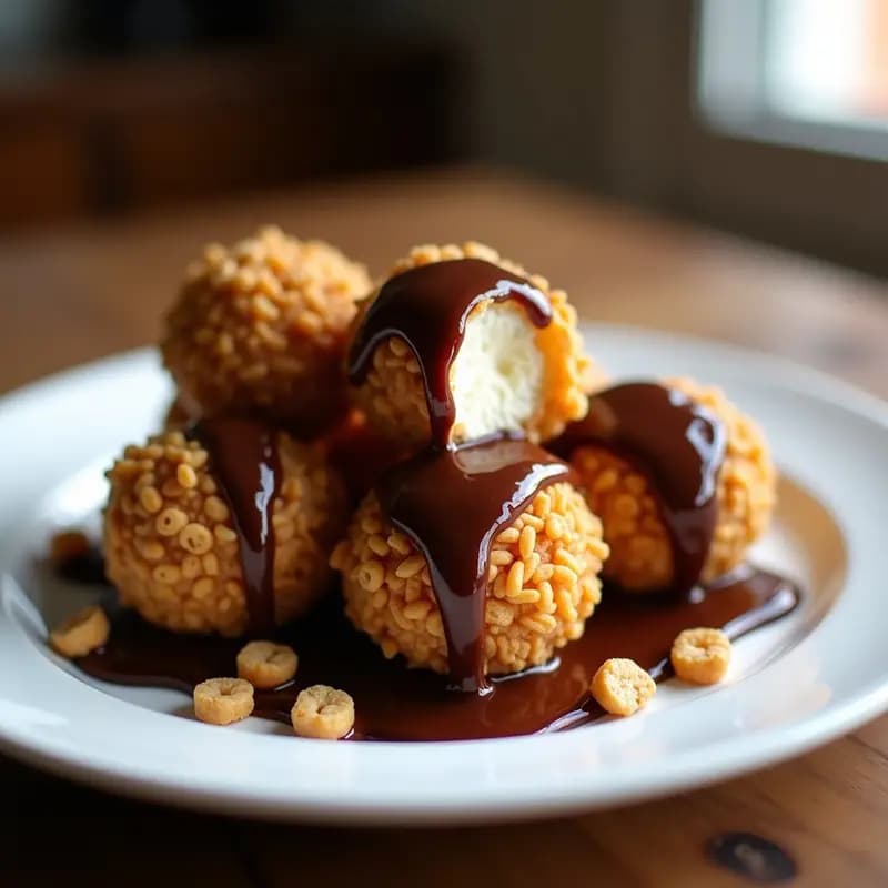 Helado Frito de Vainilla Empanizado con Cereal y Salsa de Chocolate: Postre Crujiente y Frío