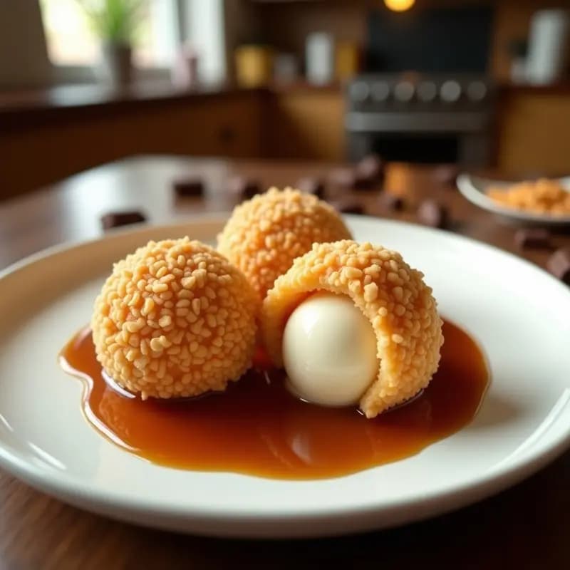 Helado Frito de Vainilla Rebozado en Cereales y Sirope de Caramelo: Postre que Cruje y se Derrite