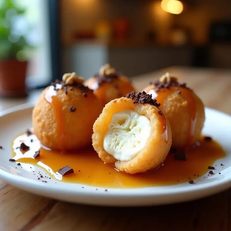 Helado Frito con helado de Vainilla, Rebozado Crujiente y Sirope de Caramelo: Postre Japonés Inversión Total
