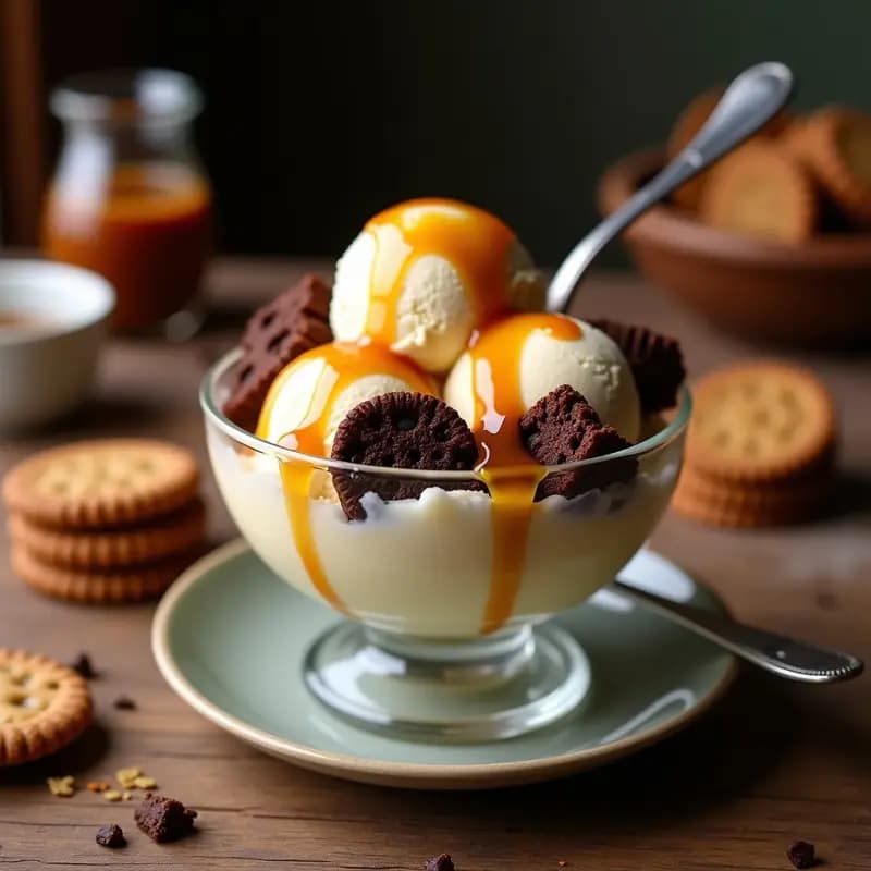 Helado de Galletas María con Salsa de Caramelo y Trozos de Brownie: Postre Clásico con un Giro Moderno