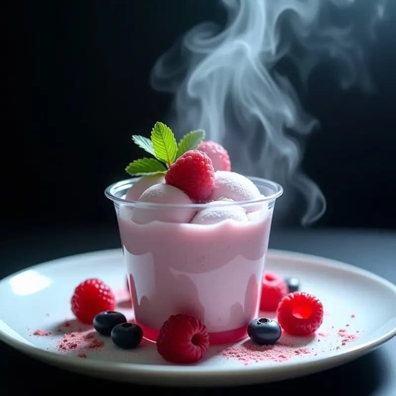 Helado de Humo Líquido con Frutos Rojos: Postre Futurista en Nitrógeno para Sorprender