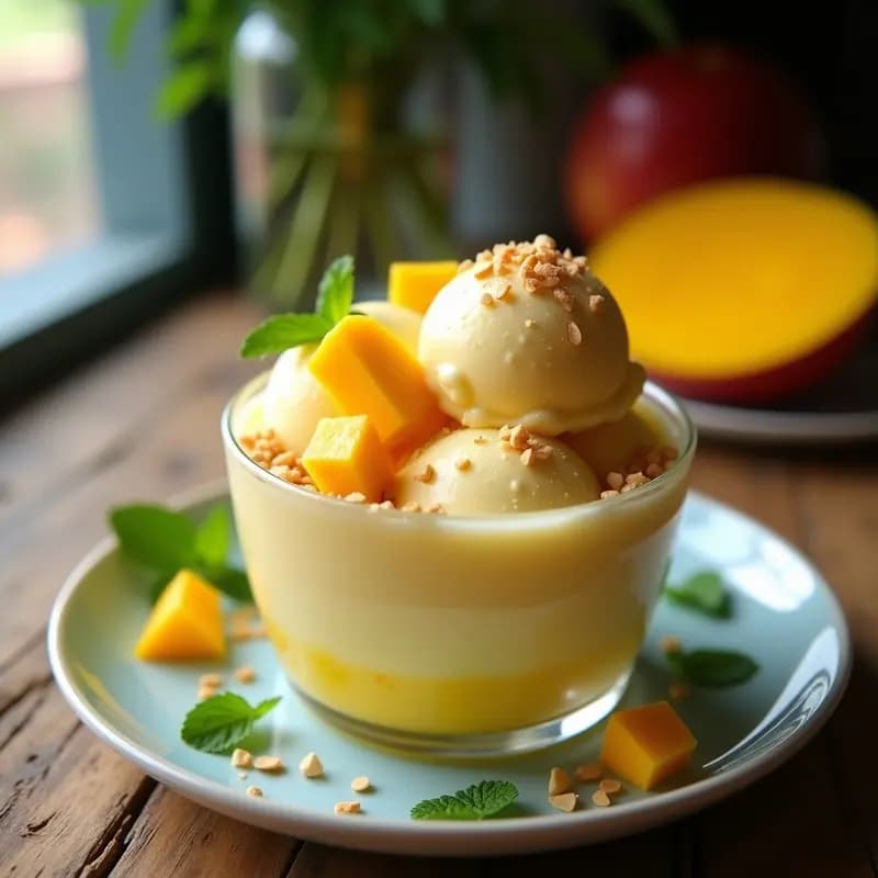 Helado de Kefir de Agua y Mango con Crujiente de Almendras: Postre Probiótico Sin Lácteos
