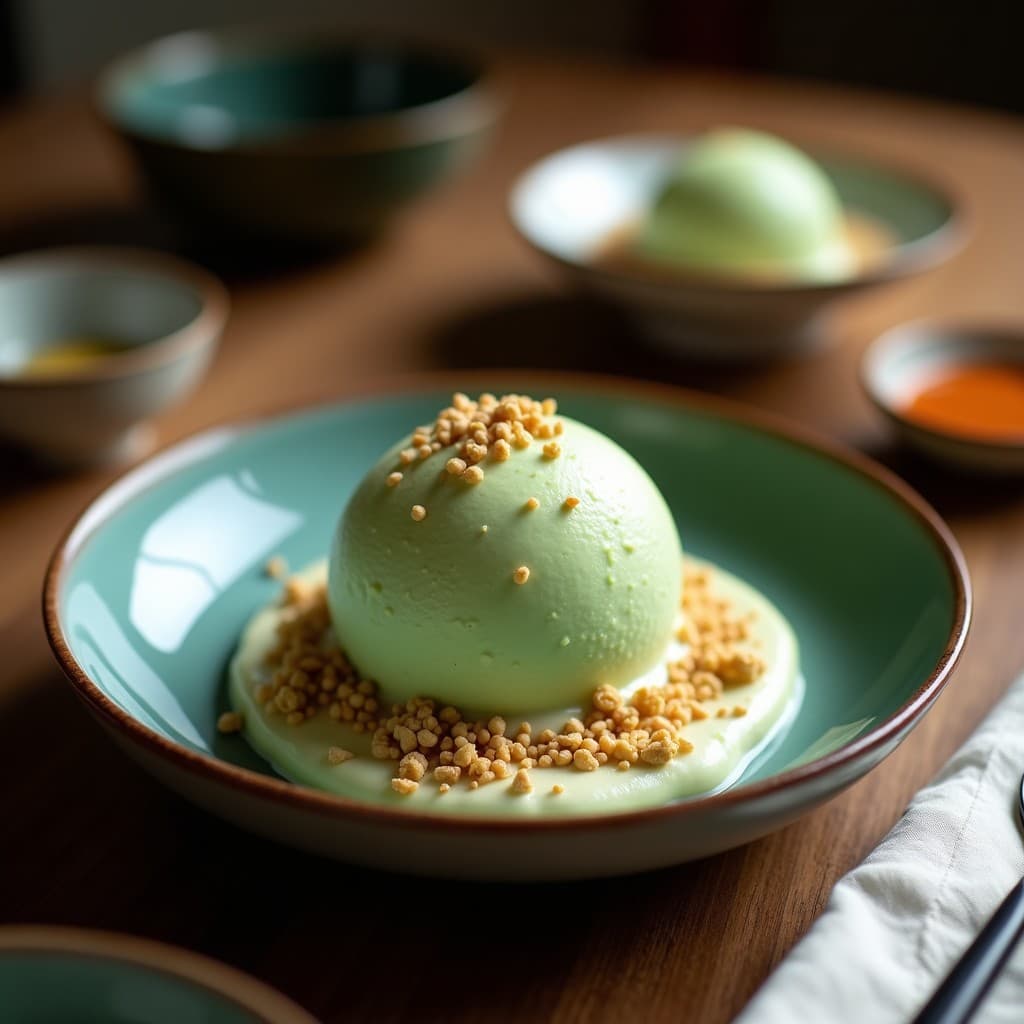 Helado de Kéfir de Coco y Matcha con Crujiente de Semillas de Loto: Postre Probiótico