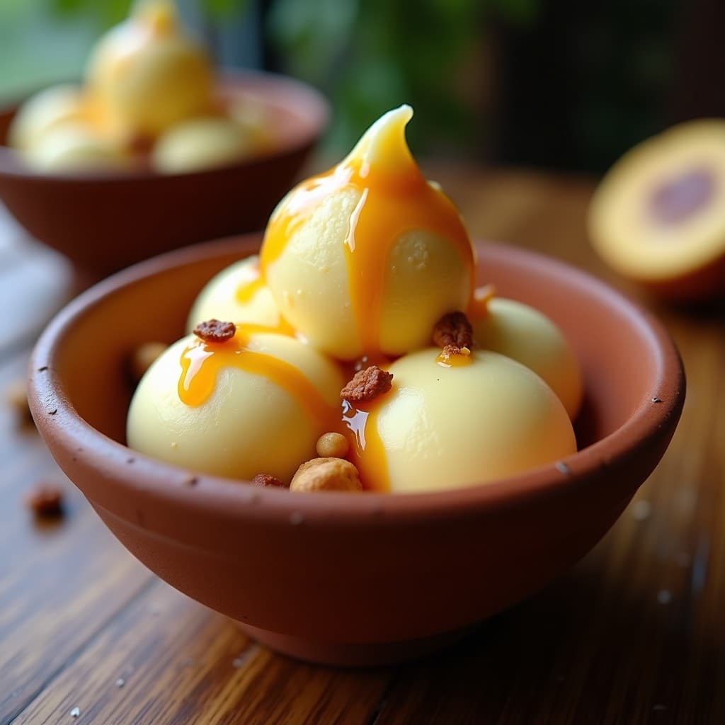 Helado de Lucuma y Macadamia con Swirl de Caramelo Salado: Postre Peruano Vegano en Airfryer