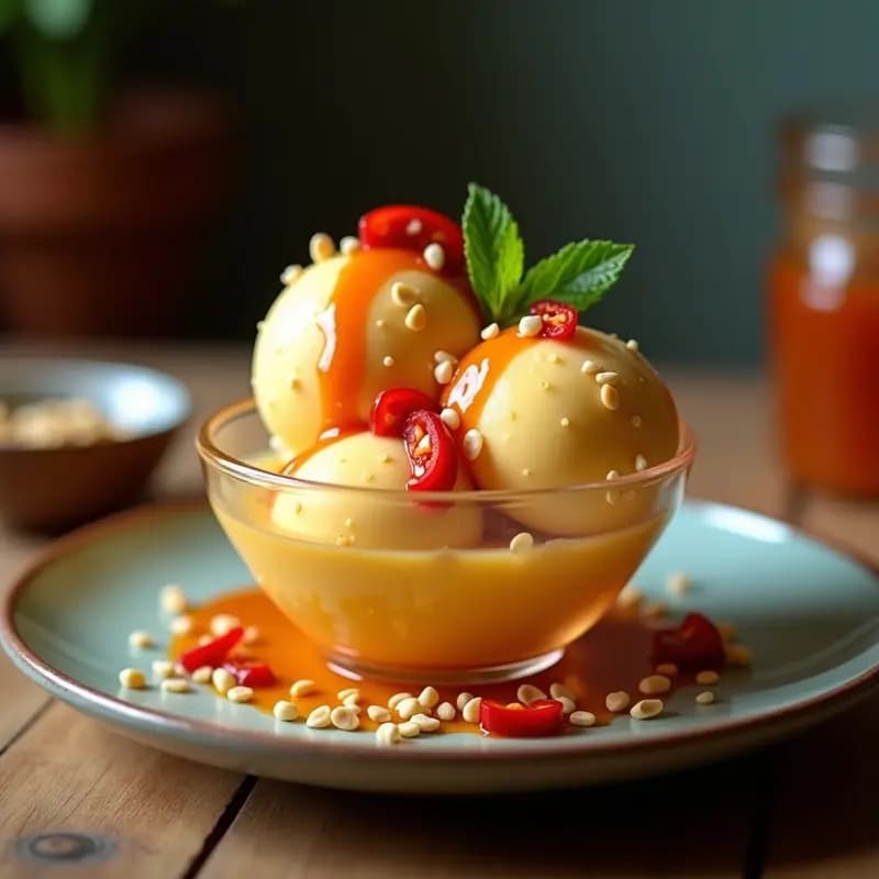 Helado de Manga y Chile con Salsa de Tamarindo: Postre Tailandés Picante y Dulce