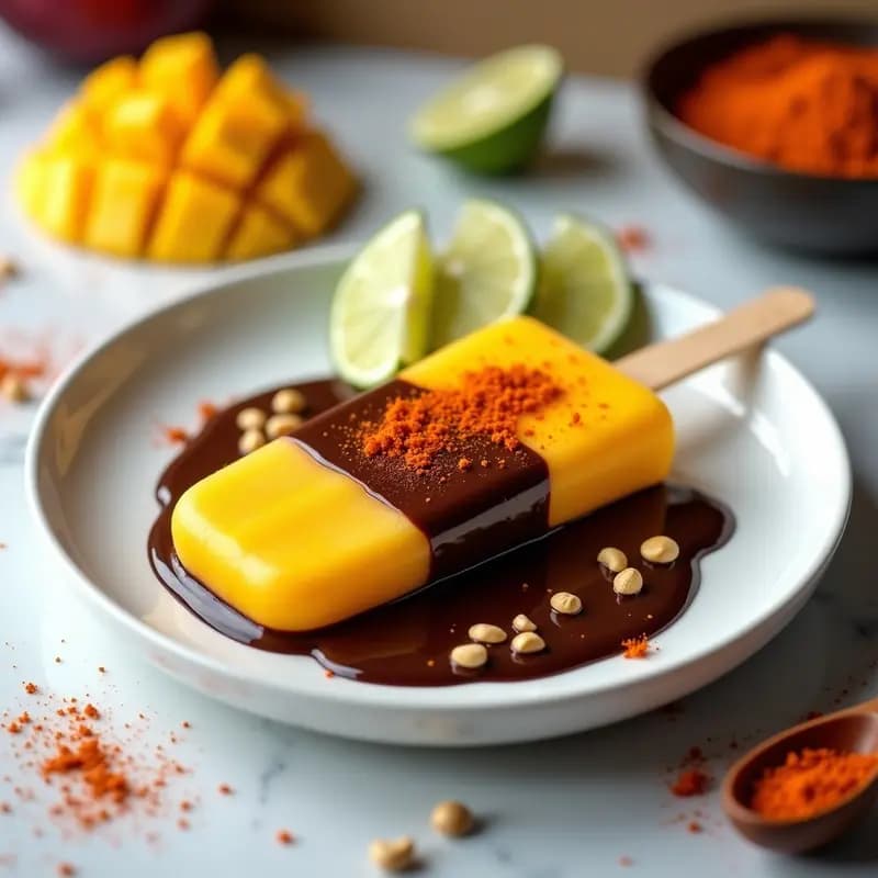 Helado de Mango y Chile en Paleta con Baño de Chocolate Negro: Postre Picante y Dulce