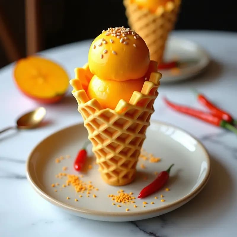 Helado de Mango y Chili en Cono de Waffle de Garbanzo: Postre Indo-Persa Sin Lácteos