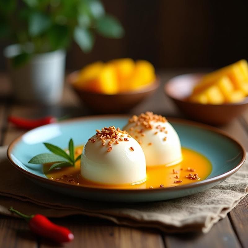 Helado de Mango con Helado de Coco y Semillas de Ají: Postre Vegano Picante y Refrescante