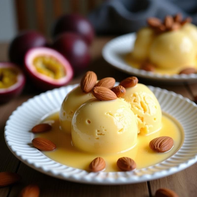 Helado de Maracuyá y Coco con Crujiente de Almendra: Postre Tailandés Vegano Sin Azúcar