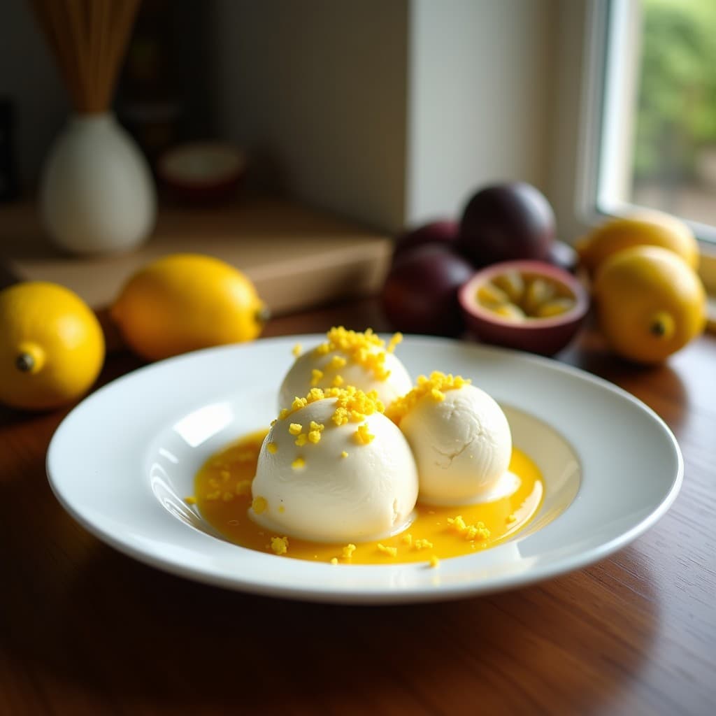 Helado de Maracuyá y Helado de Coco con Virutas de Limón: Postre Tropical Sin Azúcar